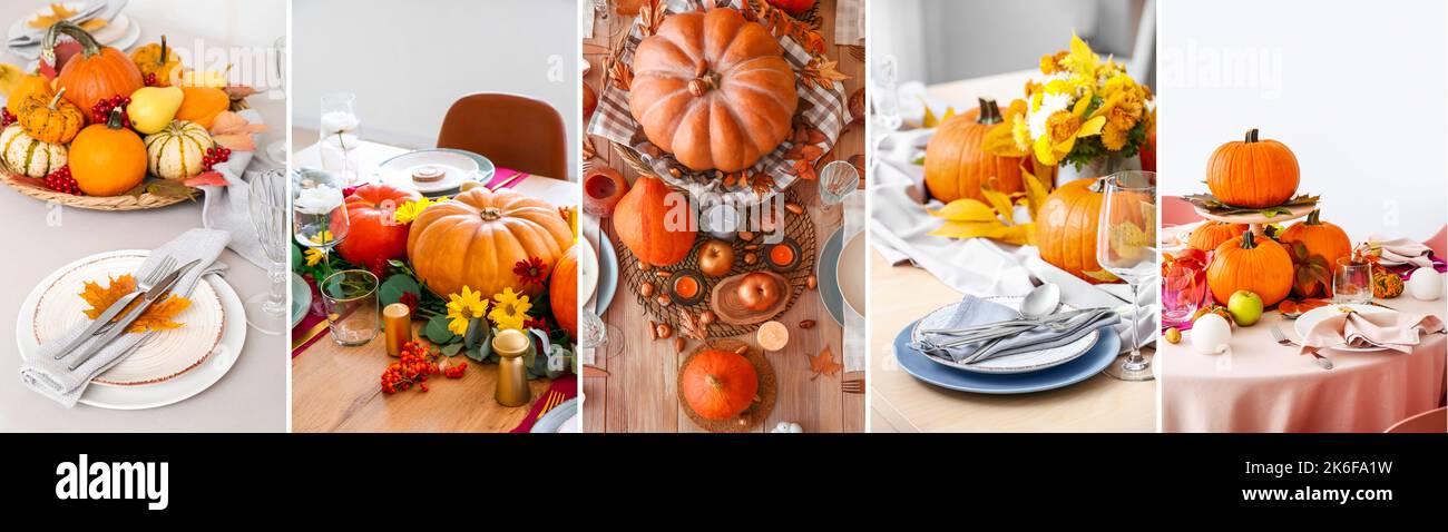 Colorful Collage Table Collage with beautiful table setting for Thanksgiving Day Stock Photo ...