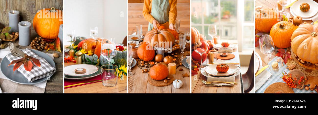 Colorful Collage Table Collage with beautiful table setting for Thanksgiving Day Stock Photo ...