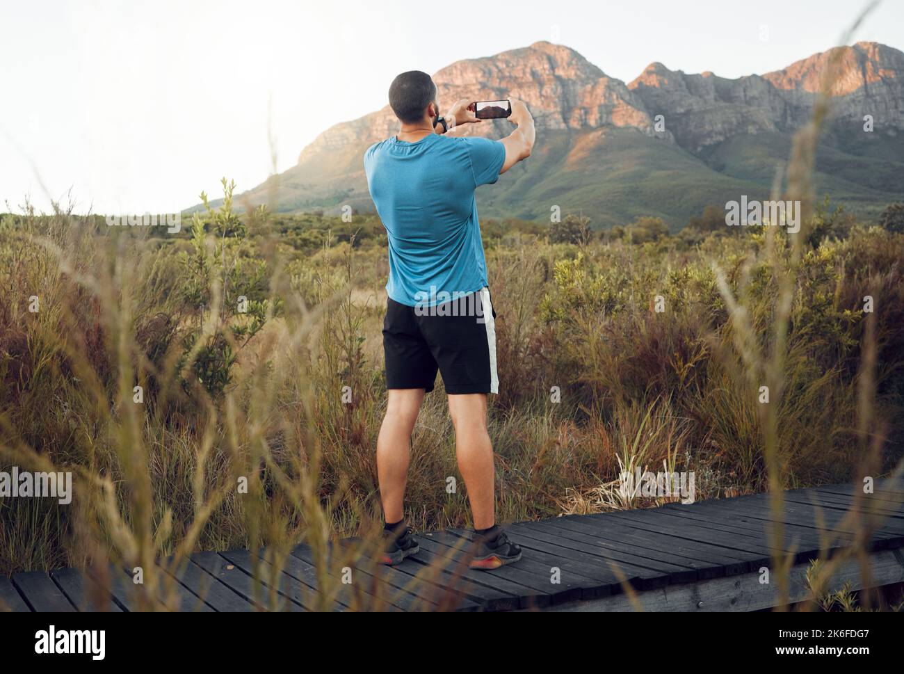 Phone, nature and fitness with a man taking a photograph while out for a sports run in the wilderness with a view. Exercise, training and workout with Stock Photo