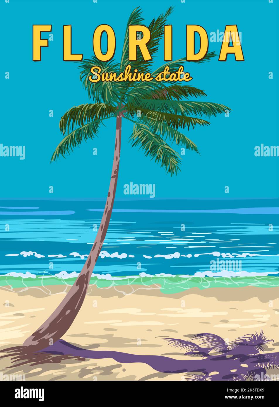 Retro Poster Florida Beach. Palm on the beach, coast, surf, ocean