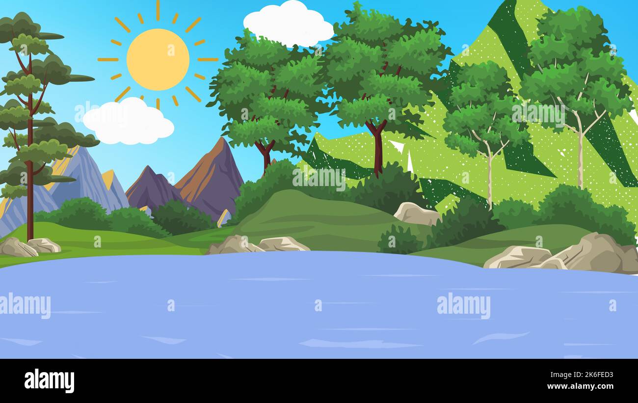 Mountains and lake view, banner in flat cartoon design. Sunny, cloudy day. Trees.  Wildlife panoramic landscape. Illustration of web background. Stock Photo
