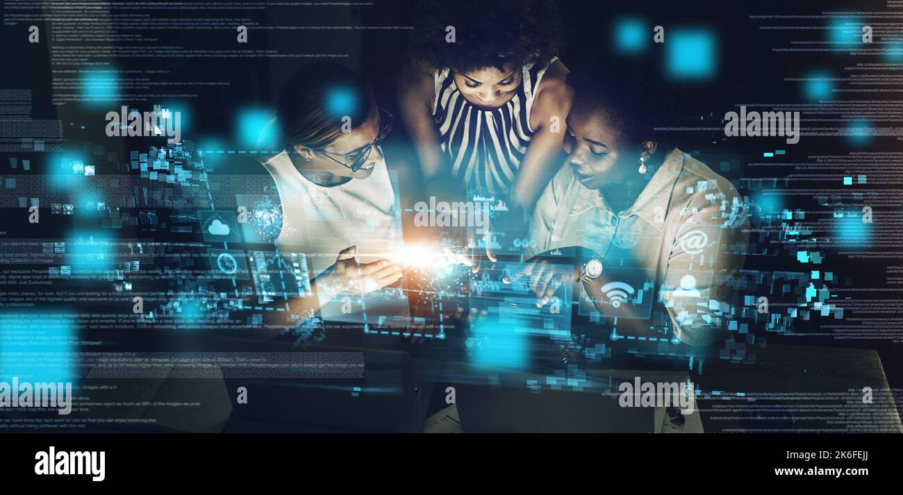 Woman, cyber security and IoT with technology for team, meeting or programming working at night with digital overlay. Group of female employee Stock Photo