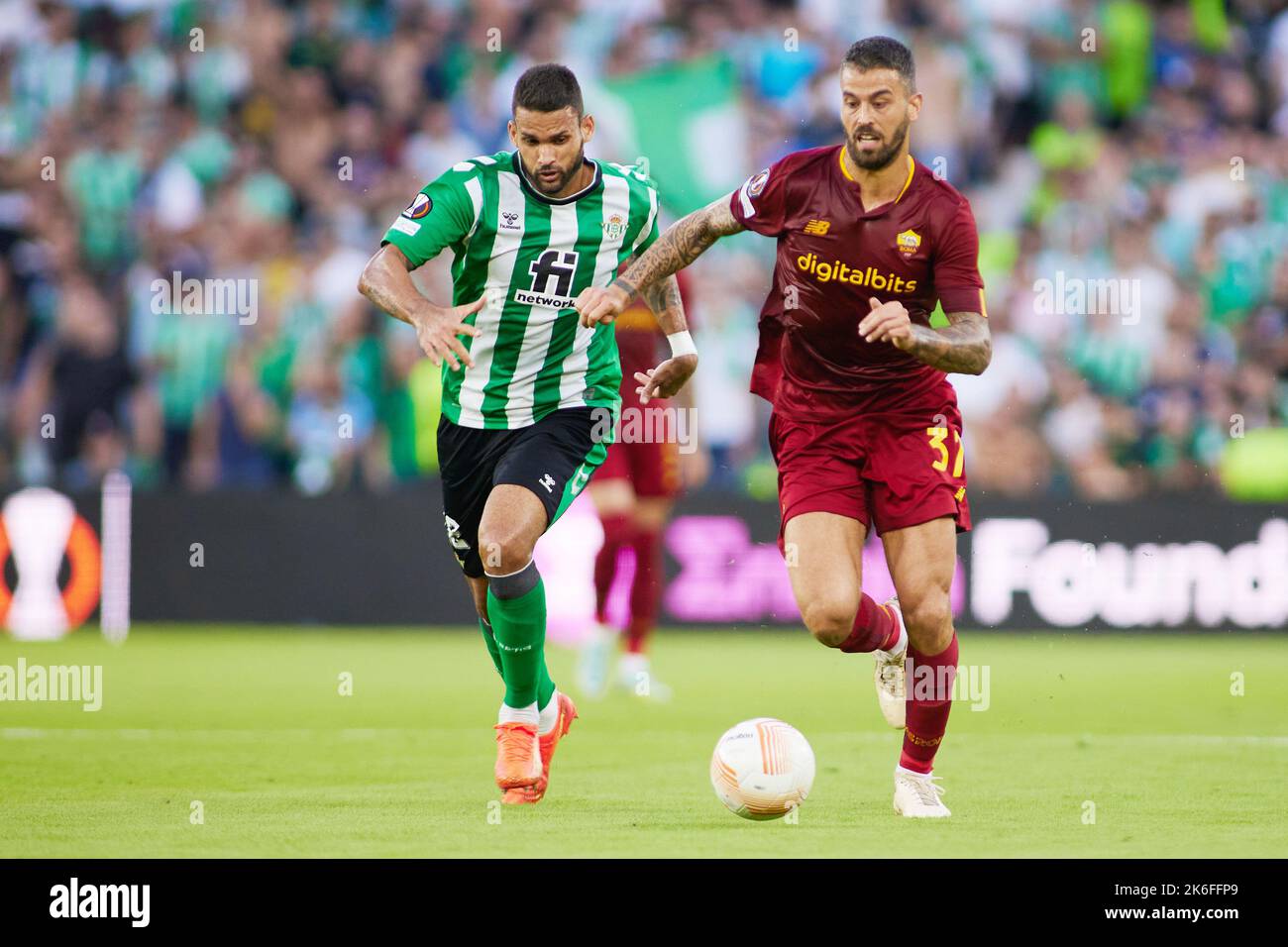 Sevilla, Spain - October 13, 2022, William Jose of Real Betis and Leonardo Spinazzola of AS Roma in action during the UEFA Europa League, Group C, match between Real Betis and AS Roma at Benito Villamarin Stadium on October 13, 2022 in Sevilla, Spain. - Photo: Joaquin Corchero/DPPI/LiveMedia Stock Photo