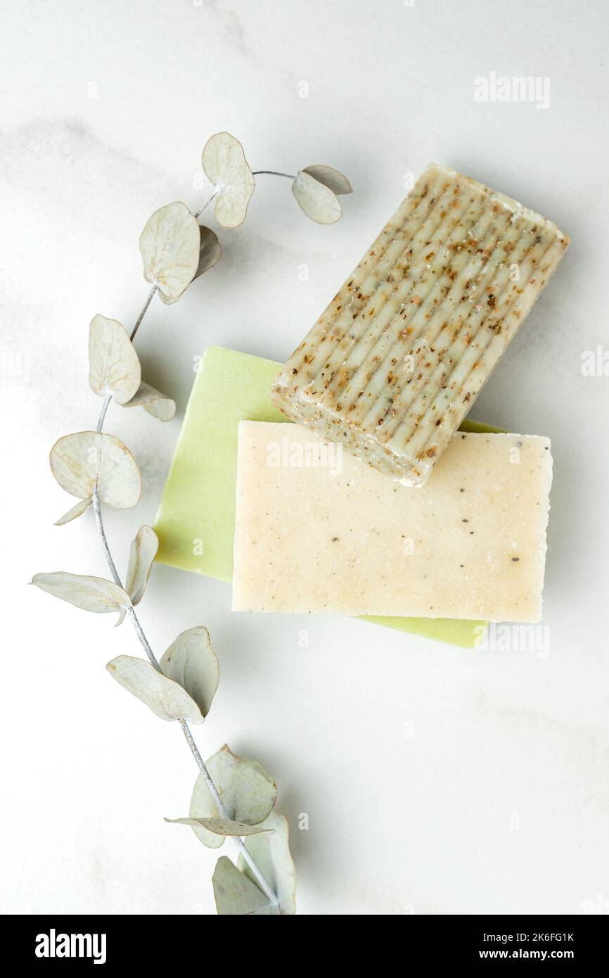 Natural handmade soap in assortment with eucalyptus branch. Skin care ...