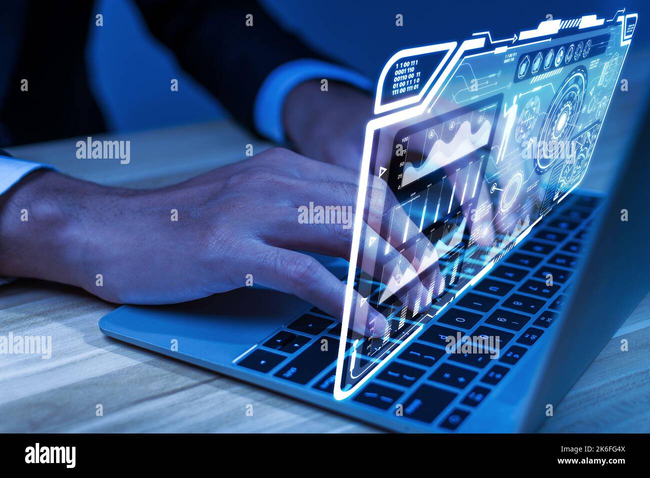 people hand working on laptop computer on desk with global media link ...
