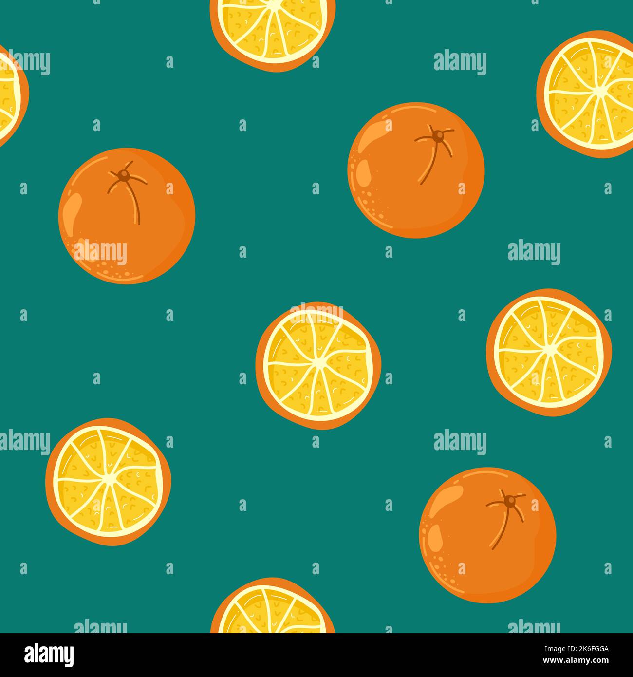Handdrawn fruit seamless patter with orange, vector illustration, on blue background Stock Vector