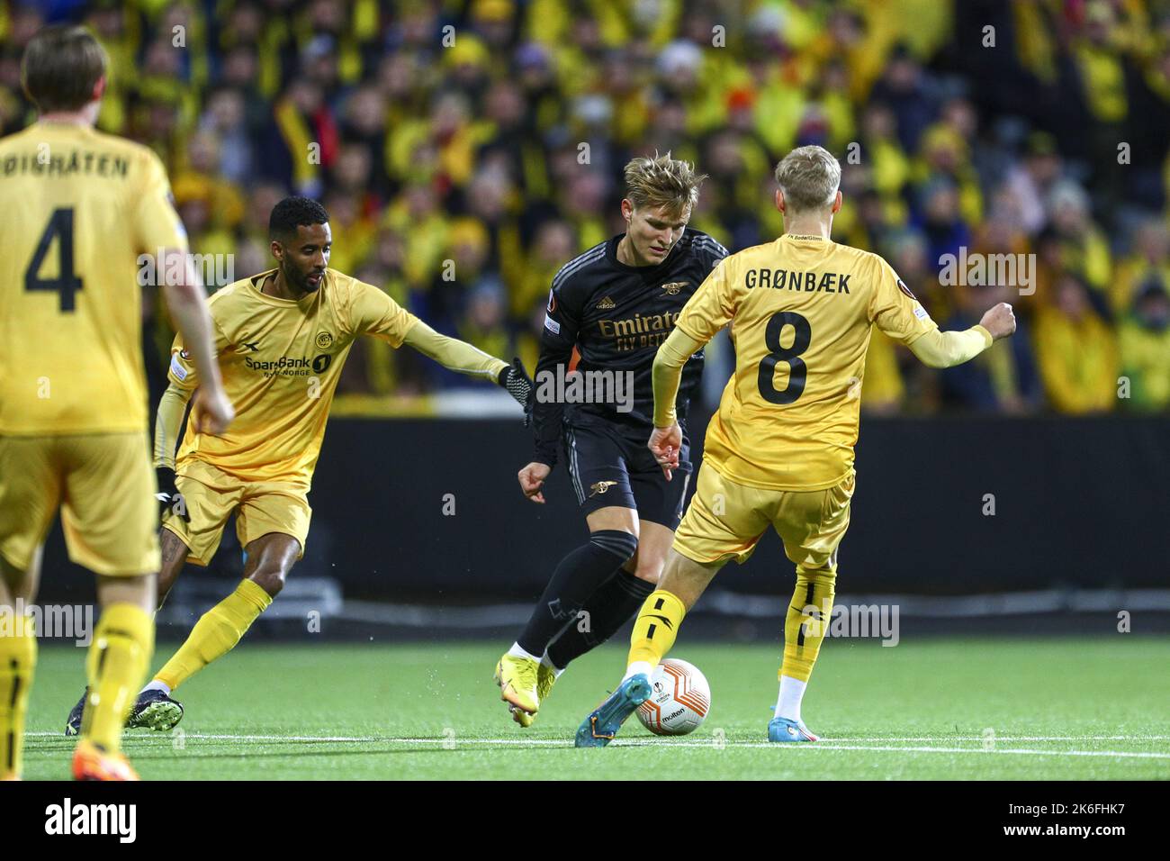 Bodø 20221013.Arsenal's Martin Oedegaard in a duel with Bodoe/Glimt's Albert Groenbaek and Amahl Pellegrino during the group stage match in Europe leauge 2022/2023 between Bodoe/Glimt and Arsenal Photo: Mats Torbergsen / NTB Stock Photo