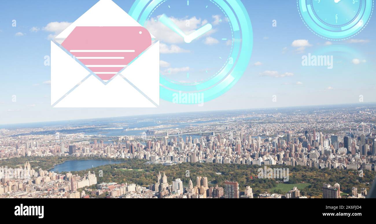Composite of blue digital clocks, letter and envelope over aerial view ...
