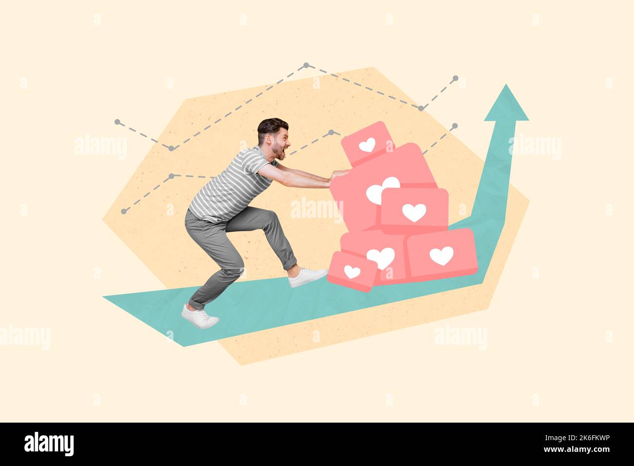 Creative photo collage of crazy screaming blogger pushing likes arrow ...