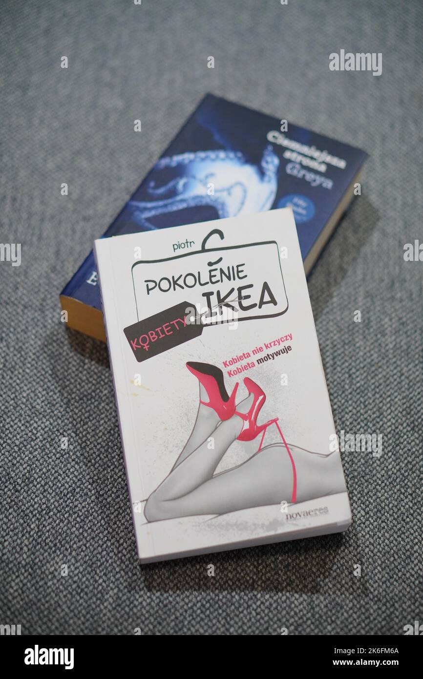 A top view of Pokolenie Ikea novel meaning Generation of Ikea in English on gray surface Stock