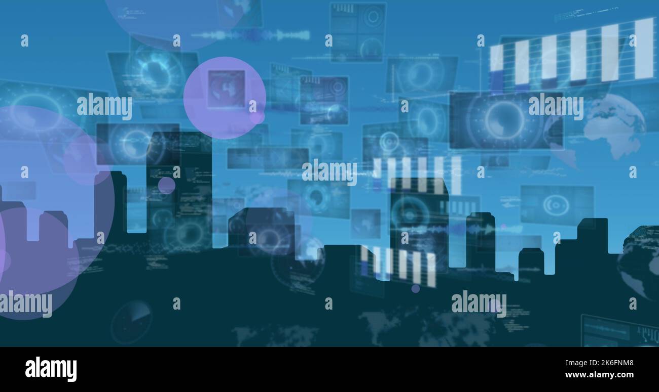 Image of light trails and people photographs over globe Stock Photo - Alamy