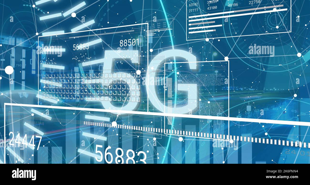 Image of scope scanning with 5g text and data processing over cityscape Stock Photo