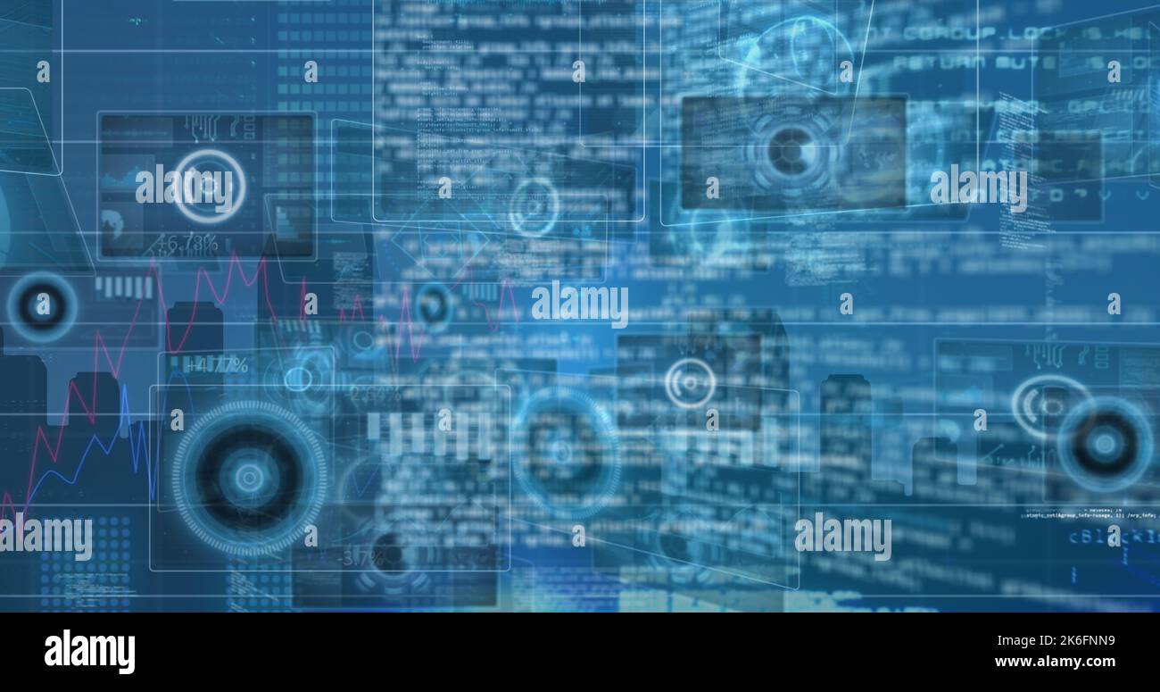 Image of digital interface and data processing on screens over blue background Stock Photo