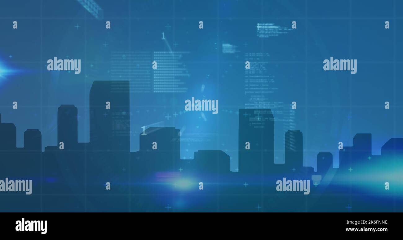 Image of digital interface and data processing on screens over blue background Stock Photo