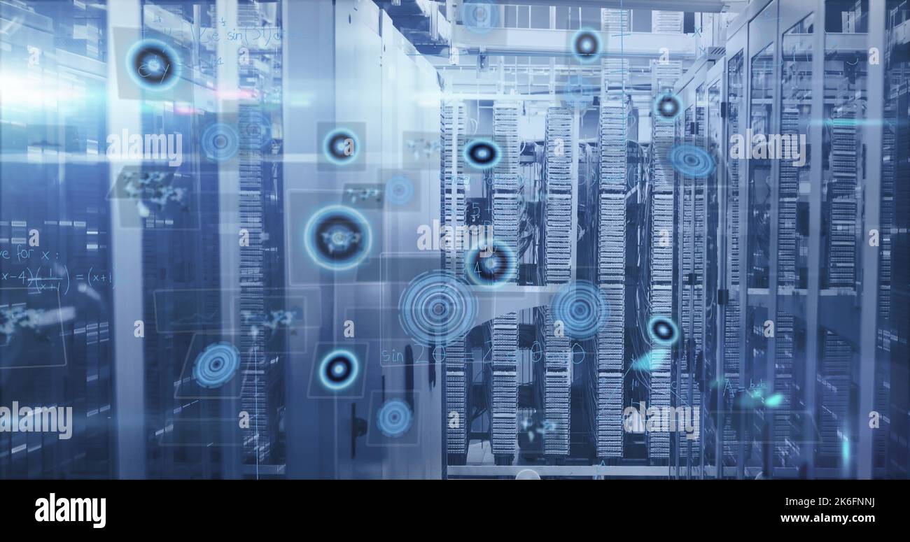 Image of mathematical equations and data processing against computer ...