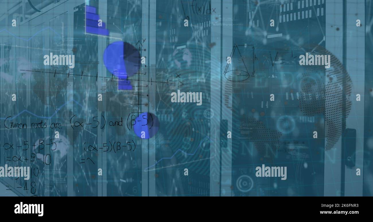 Image of mathematical equations and data processing over server room Stock Photo