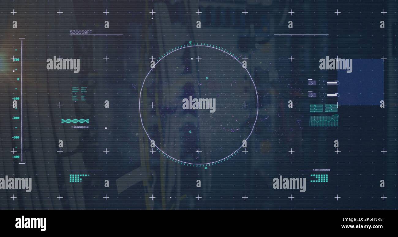 Image of scope scanning with icons and data processing over server room ...