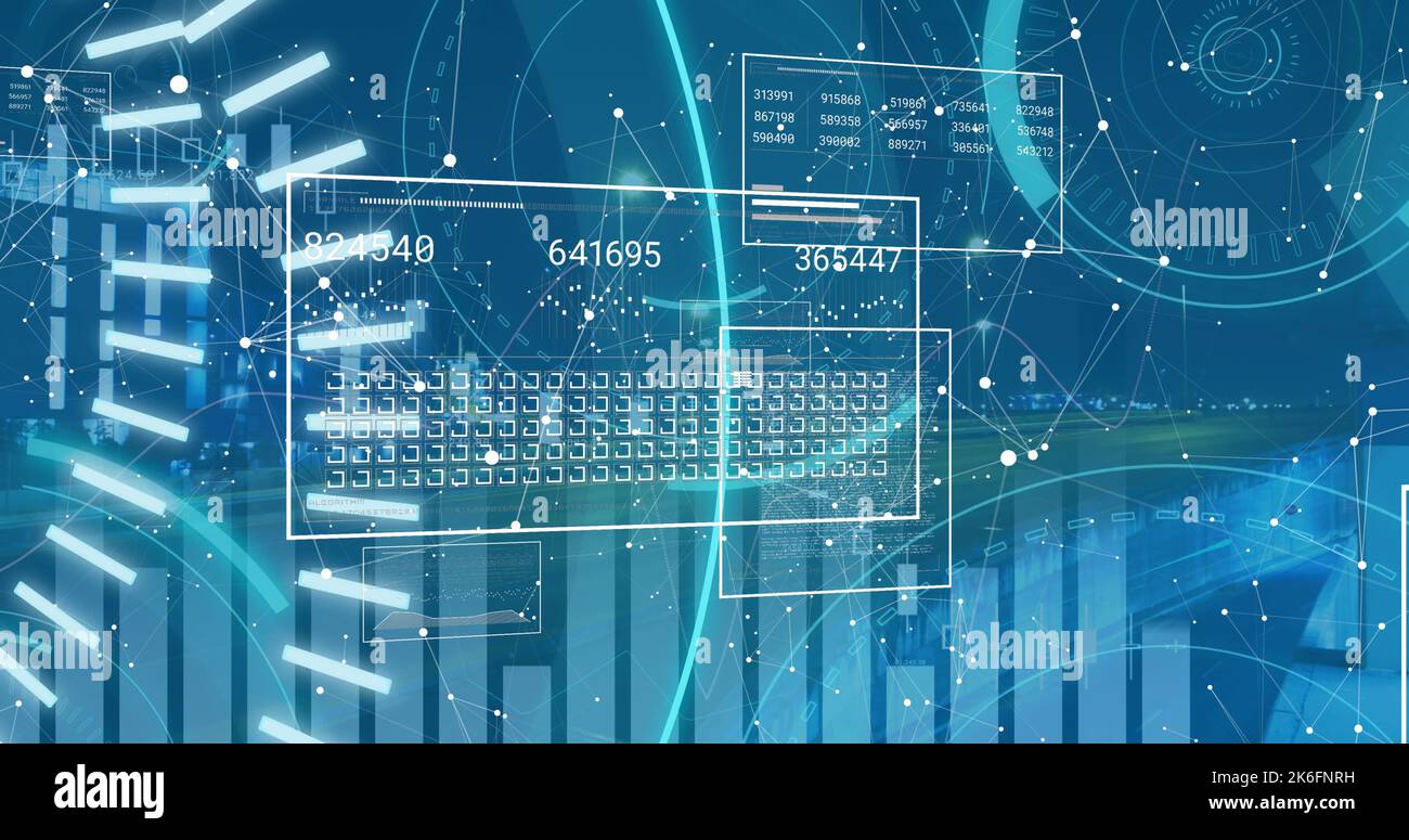 Image of scope scanning with 5g text and data processing over cityscape Stock Photo