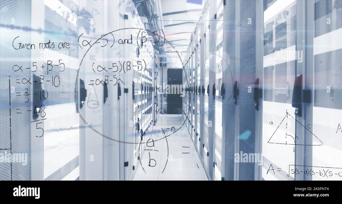 Image of mathematical equations and data processing over server room Stock Photo