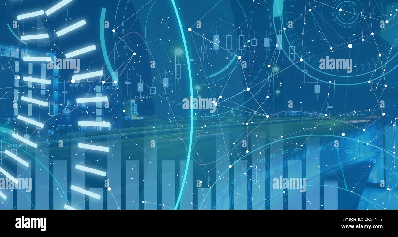 Image of scope scanning with 5g text and data processing over cityscape Stock Photo