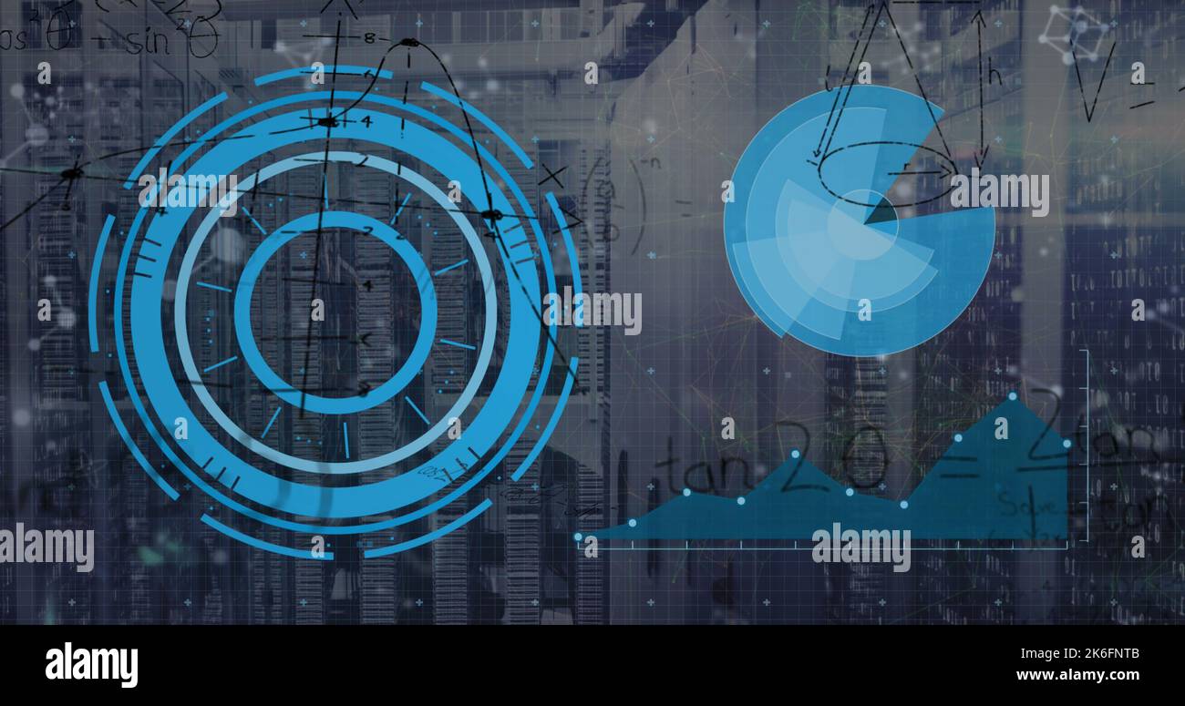 Image of mathematical equations and data processing over server room Stock Photo