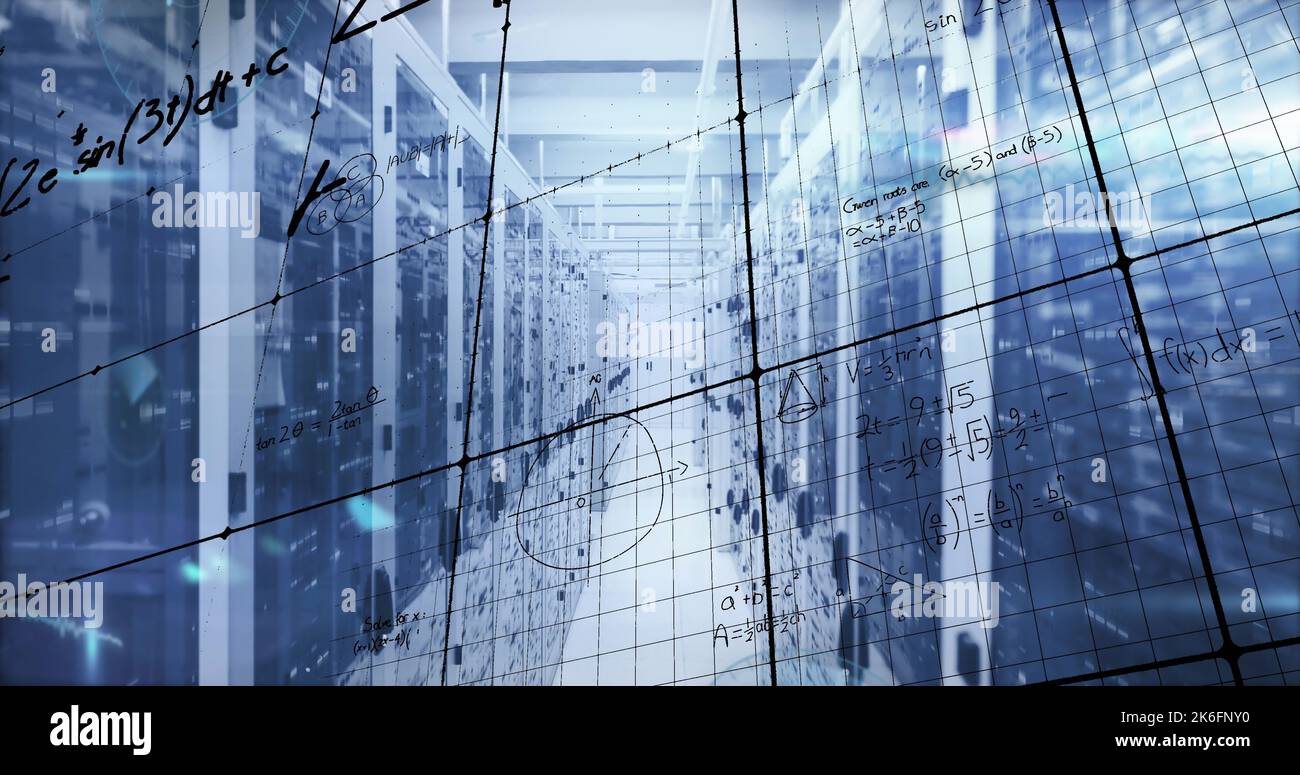 Image of mathematical equations and data processing over server room Stock Photo