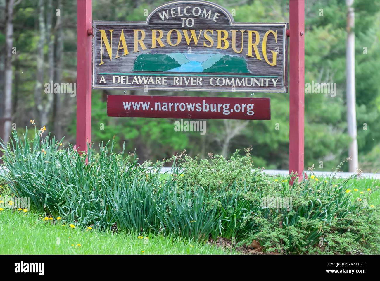 Narrowsburg, New York, United States of America – April 29, 2017. Welcome to Narrowsburg sign at the entrance to Narrowsburg, NY. Stock Photo