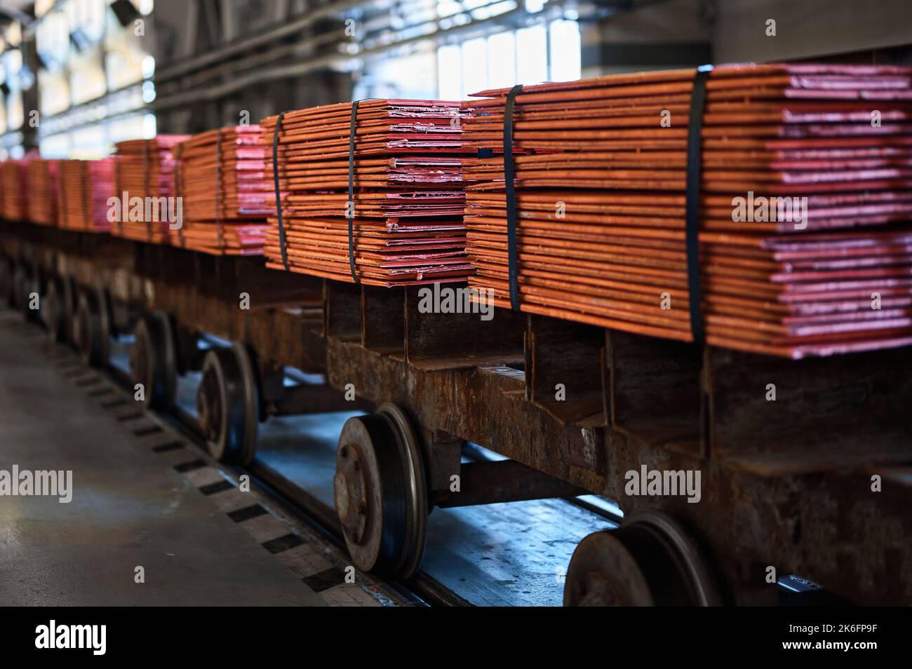 Many copper sheets, warehouse copper plates. 3d illustration. Stock Photo