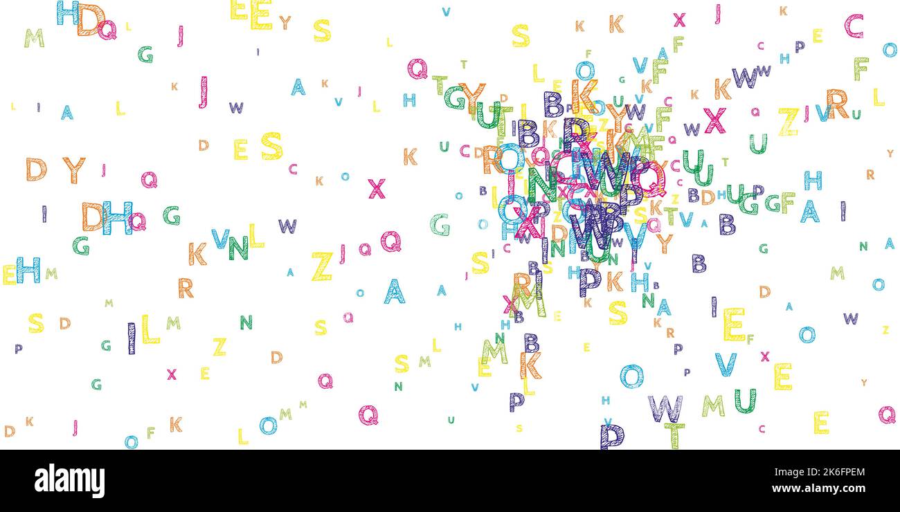 Falling letters of English language. Bright handdrawn flying words of ...
