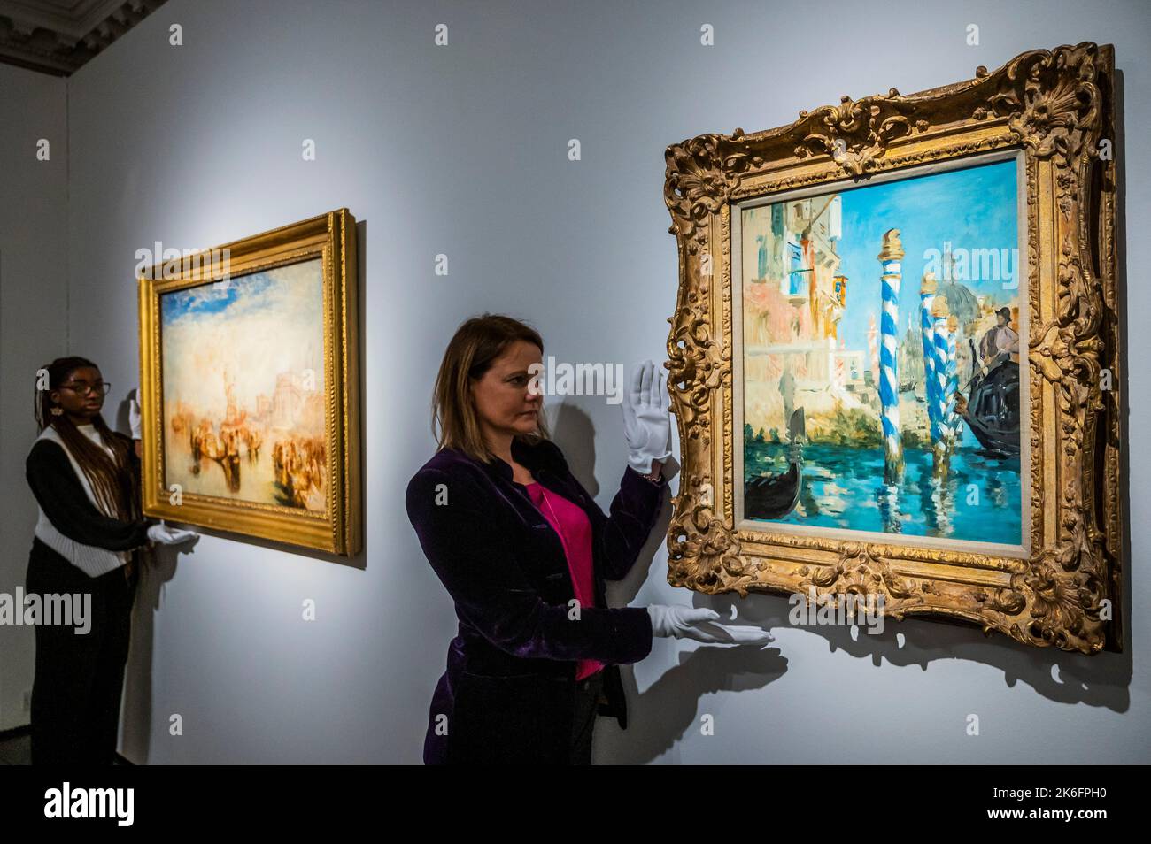 London, UK. 13th Oct, 2022. Joseph Mallord William Turner, Depositing of John Bellini's Three Pictures in La Chiesa Redentore, Venice, Estimate on request: in excess of $30,000,000, with Edouard Manet, Le Grand Canal à Venise, Painted in fall 1874, Estimate on request: in excess of $50,000,000 - Works from the estate of the philanthropist and co-founder of Microsoft, Paul G. Allen at Christies London. A free public exhibition runs from 14-17 October. All of the proceeds from the sale (New York - 9 & 10 November), will benefit philanthropic causes Credit: Guy Bell/Alamy Live News Stock Photo