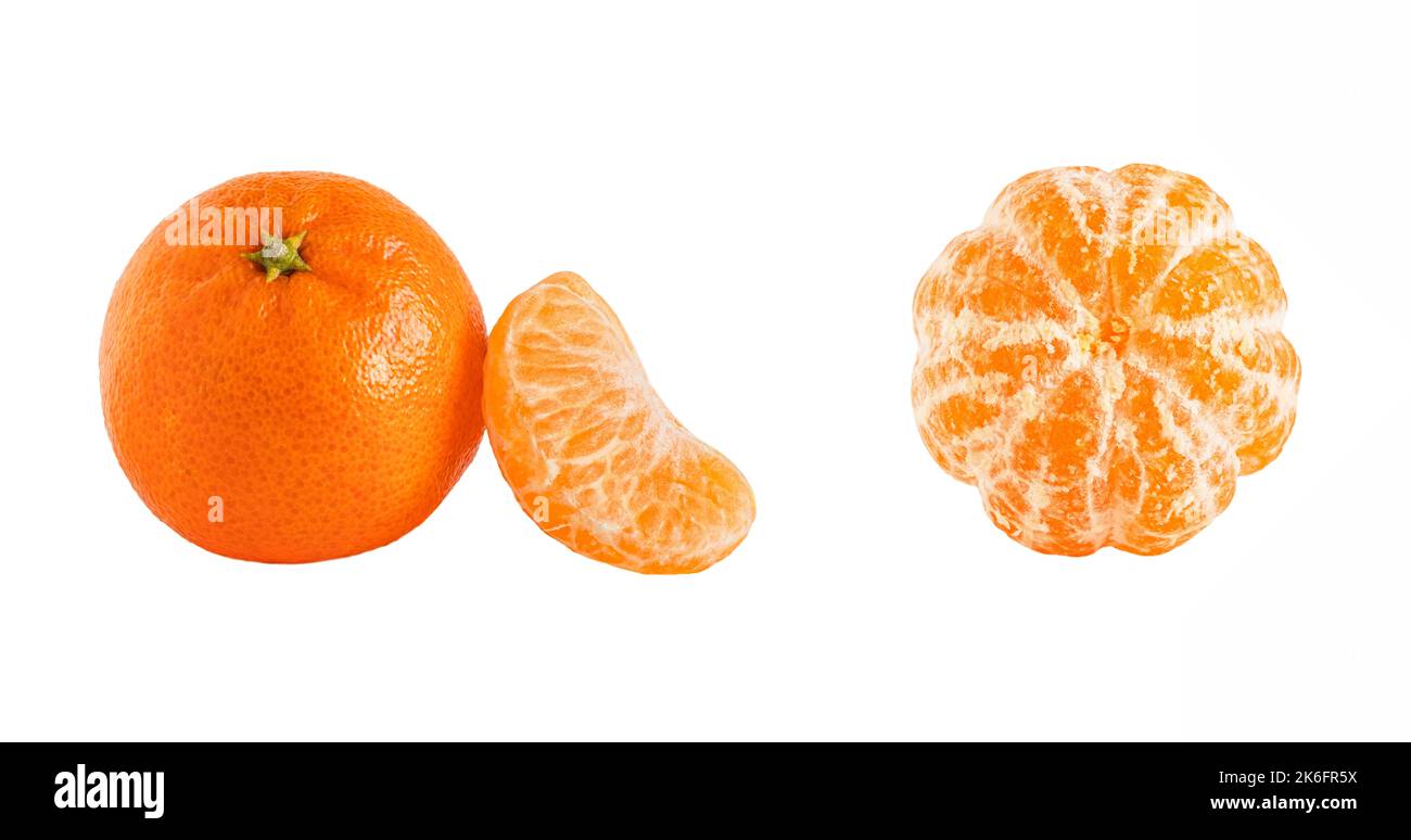 Set of tangerine or clementine with slices and peeled orange fruit