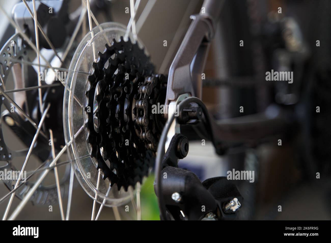Mountain bike rear derailleur closeup. Rear racing bike cassette on