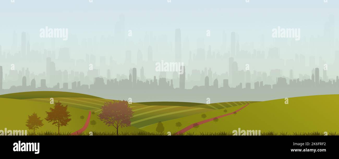 autumn day in the country with cityscape view banner Stock Photo