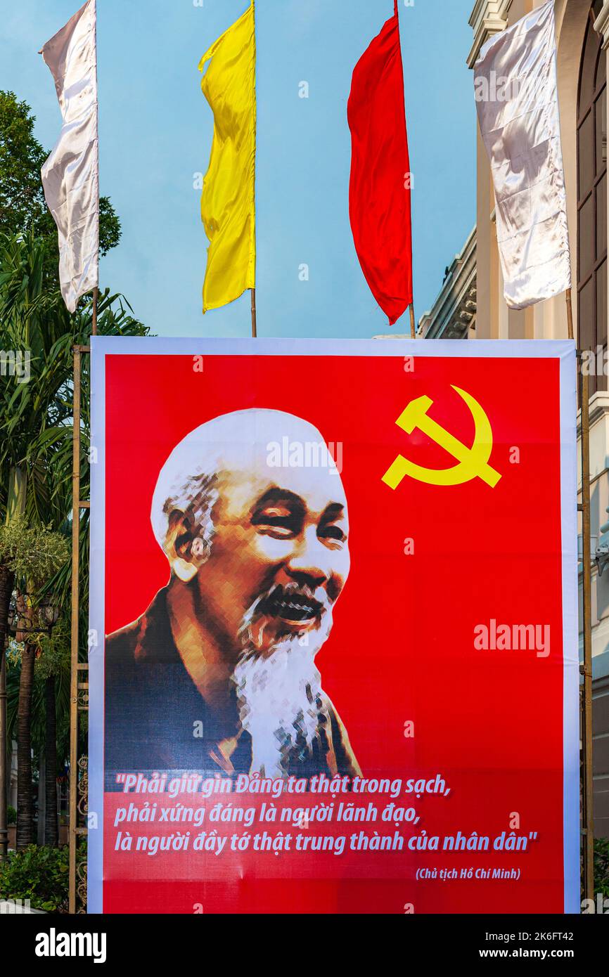 Ho Chi Minh portrait propaganda poster, Saigon, Vietnam Stock Photo