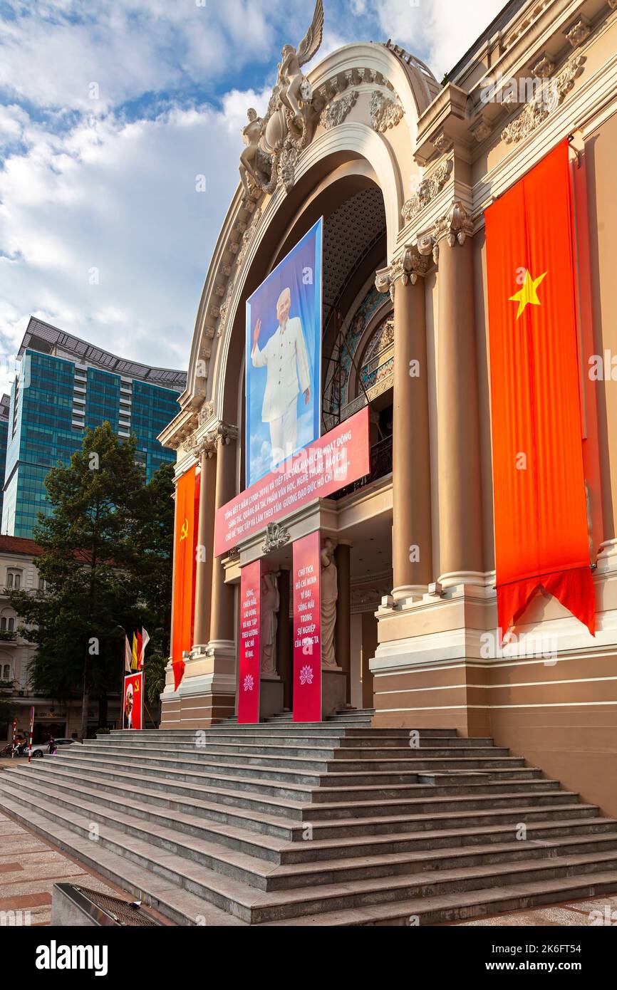 Opera House and propaganda picture, Ho Chi Minh City, Vietnam Stock ...