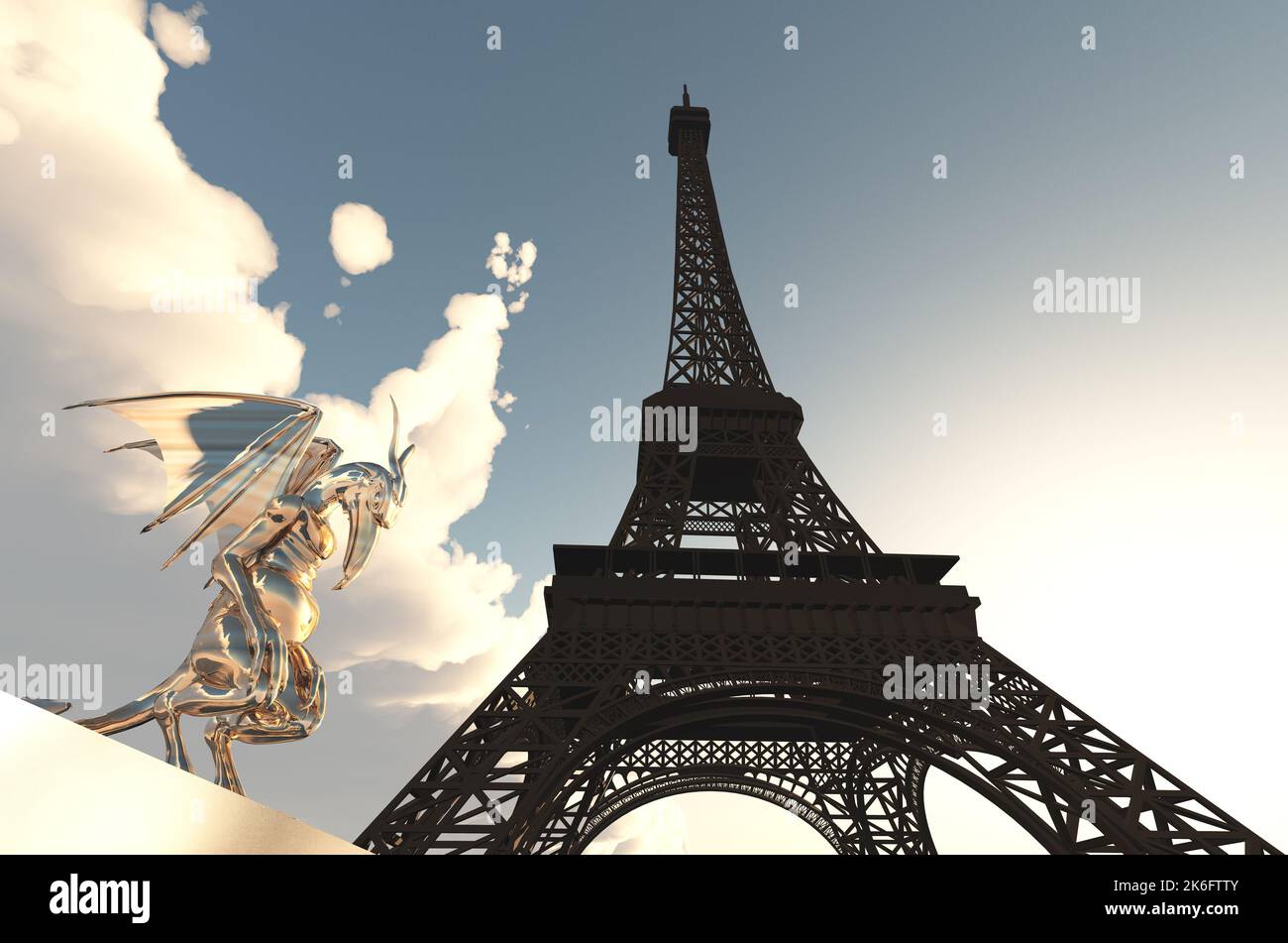 Original Paris Gargoyle Art Poster - Black & White Photograph Of Notre Dame & Eiffel Tower (20" X 16")
