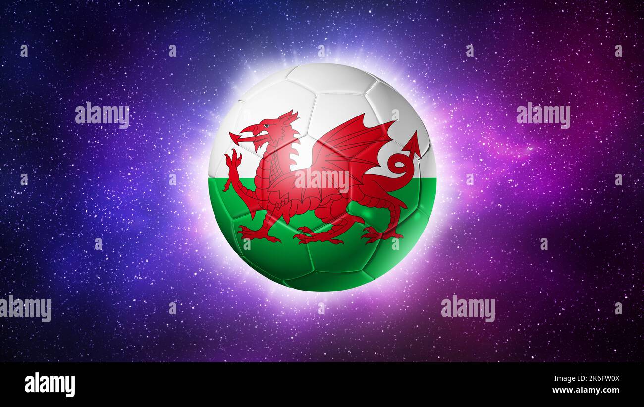 3D soccer ball with Wales team flag, football 2022. Space background. Illustration Stock Photo