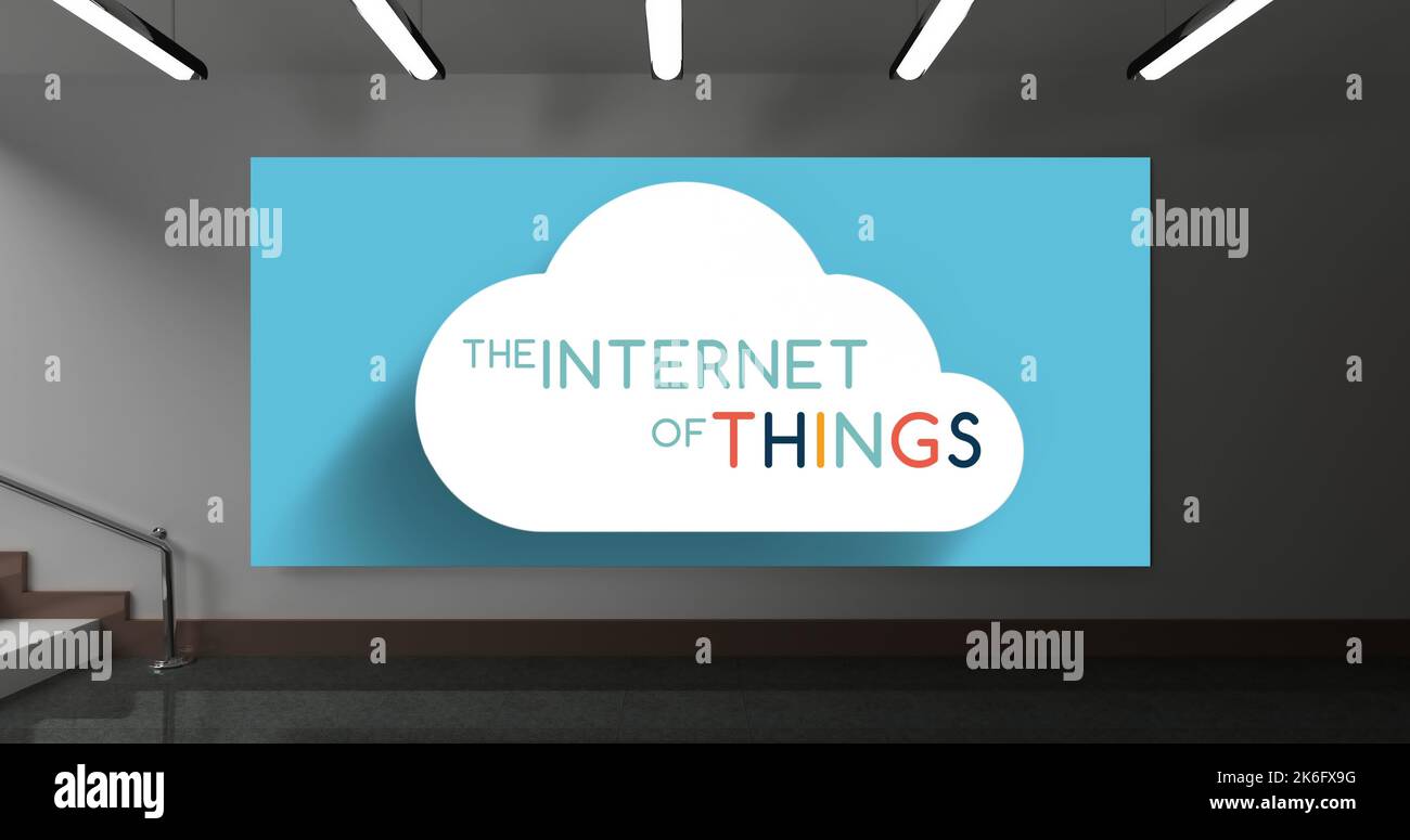 Illustration of the internet of things in cloud on blue wallpaper over gray wall under lights Stock Photo