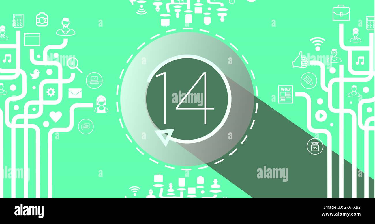 Illustration of number 14 in circle with loading arrow and application icons with lines Stock Photo