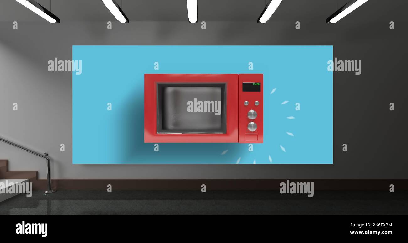 Illustration of red microwave on blue wallpaper over gray wall and lights on ceiling in living room Stock Photo