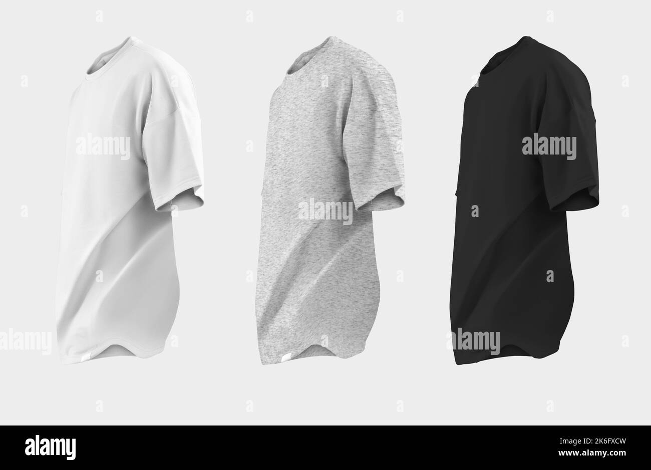 set Oversized white. black and hearher t-shirt template 3D rendering, universal cotton apparel with wrinkles, isolated on background. Mockup of clothe Stock Photo