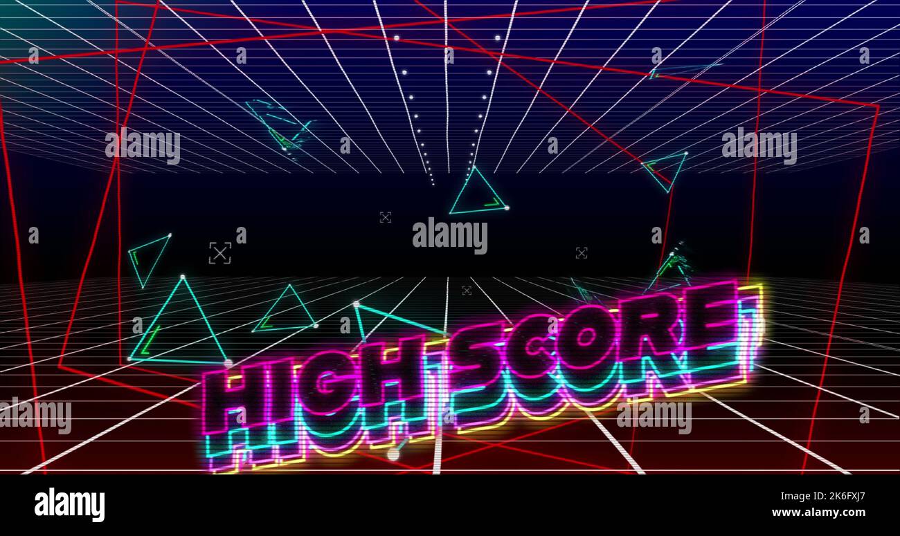 Illustration of high score text with geometric shapes over grid pattern ...