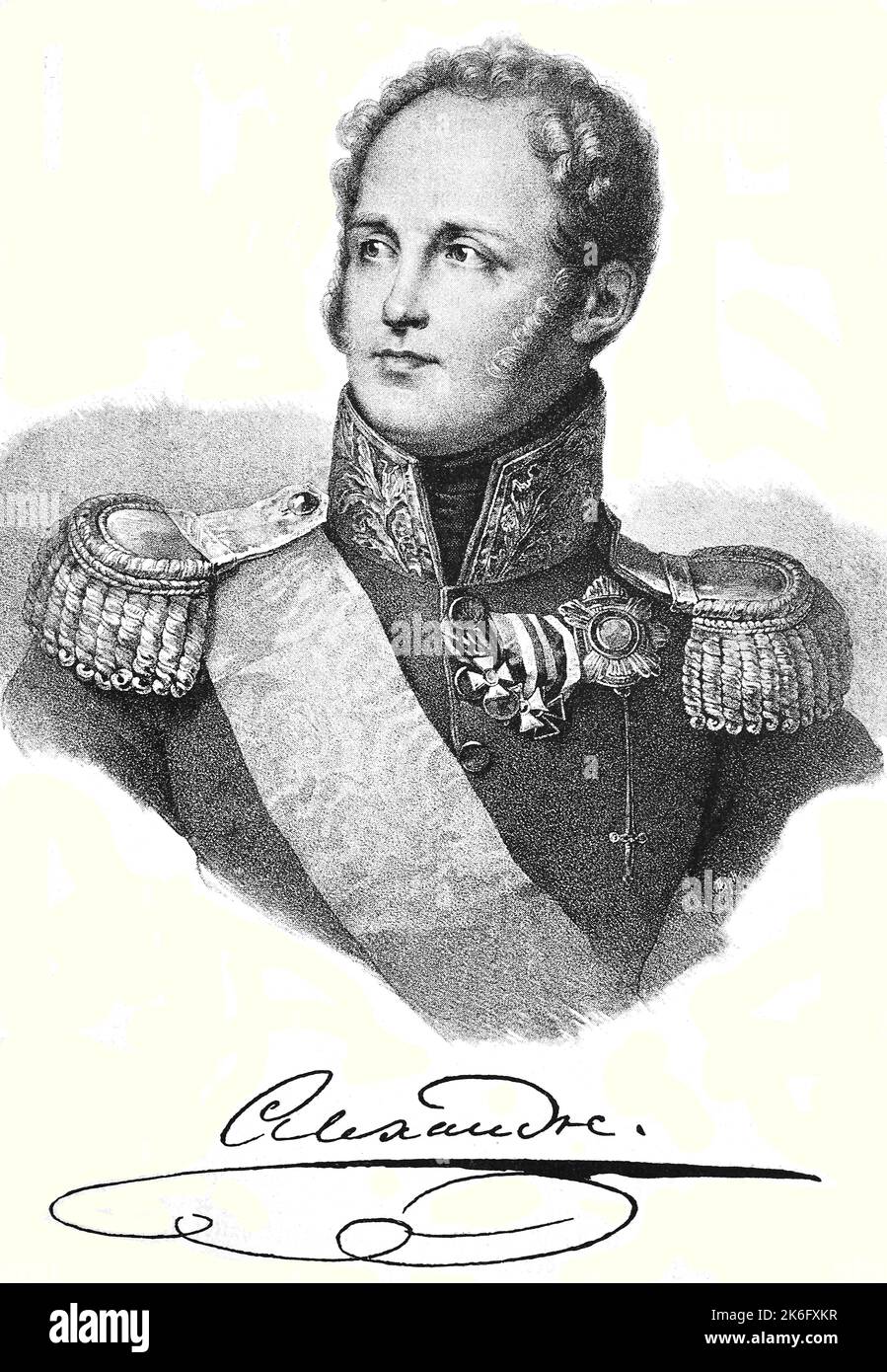 Alexander I. Pawlowitsch Romanow, 23. Dezember 1777 bis 1. Dezember 1825 war Kaiser von Russland, König von Polen, erster russischer Großfürst von Finnland aus dem Hause Romanow-Holstein-Gottorp, Historisch, digital restaurierte Reproduktion einer Originalvorlage aus dem 19. Jahrhundert, genaues Originaldatum nicht bekannt  /  Alexander I. Pavlovich Romanov, December 23, 1777 to December 1, 1825 was Emperor of Russia, King of Poland, first Russian Grand Duke of Finland from the House of Romanov-Holstein-Gottorp, Historical, digitally restored reproduction of a 19th century original, exact orig Stock Photo