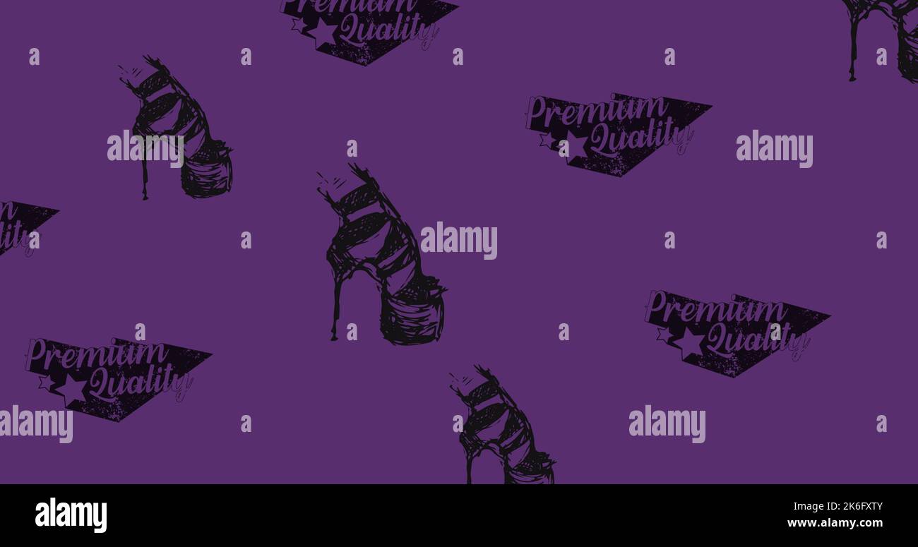 Illustration of premium quality text with high heel shoes over purple background, copy space Stock Photo