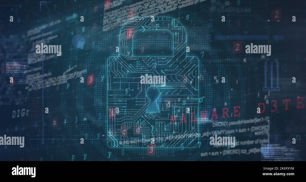 Illustration of padlock with circuit board pattern over programming ...