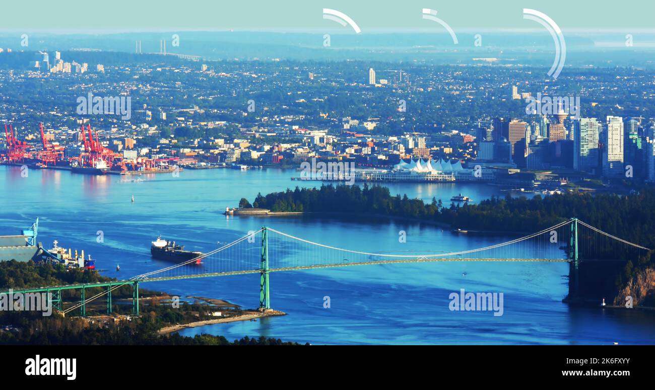 Composition of data processing over cityscape Stock Photo