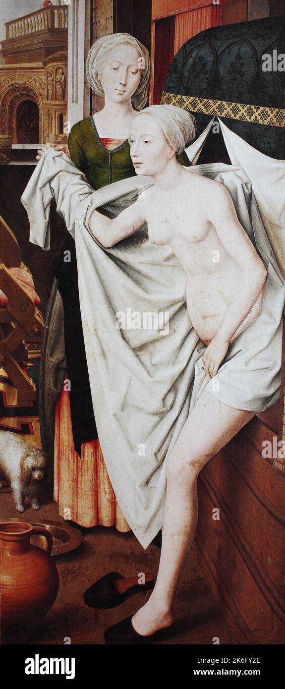 Hans Memling (zwischen 1433 und 1440 bis 11. August 1494) auch Jan van Mimmelynghe, Johannes Memmelinc oder Memlinc, war ein deutscher Maler der niederländischen Schule, hier das Gemälde David und Bathseba, Historisch, digital restaurierte Reproduktion einer Originalvorlage aus dem 19. Jahrhundert, genaues Originaldatum nicht bekannt  /  Hans Memling (between 1433 and 1440 until August 11, 1494) also Jan van Mimmelynghe, Johannes Memmelinc or Memlinc, was a German painter of the Dutch school, here the painting David and Bathsheba, Historic, digitally restored reproduction of an original from t Stock Photo