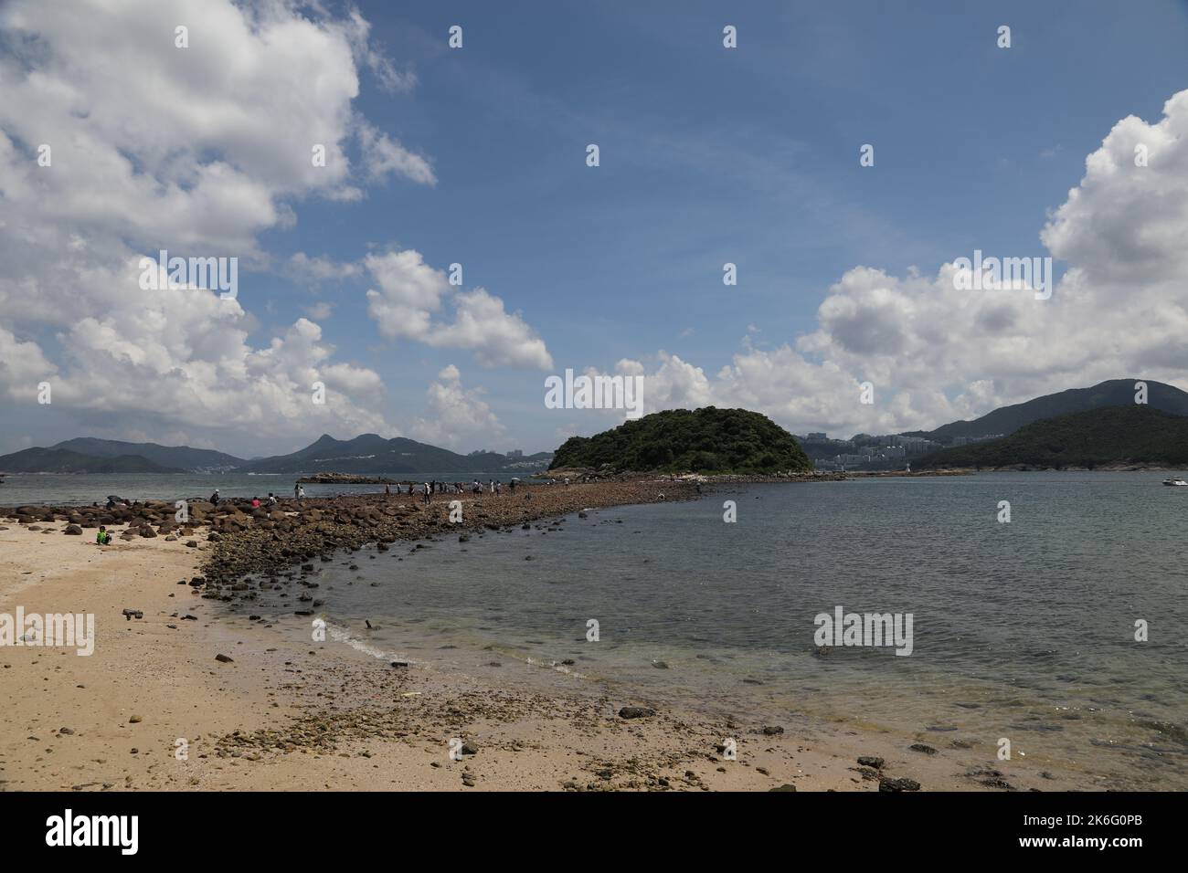 Sharp Island located in Sai Kung, Hong Kong is an outlying island famous of beach for swimming and snorkeling, also tombolo connecting Kiu Tau Island Stock Photo