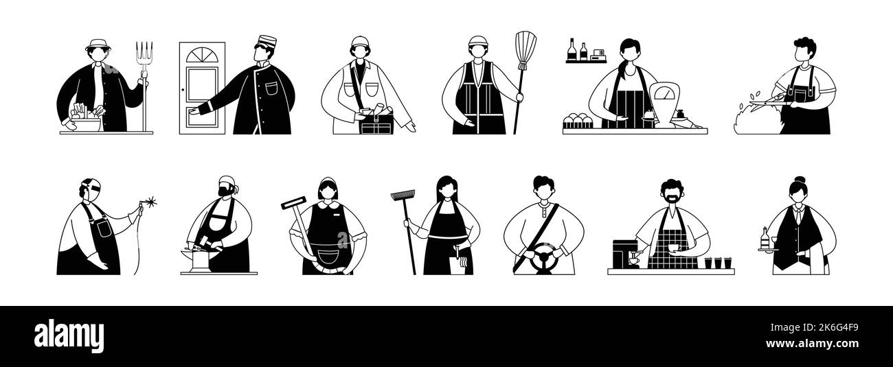 Vector set of illustrations of professional service workers and artisans. Line art Stock Vector