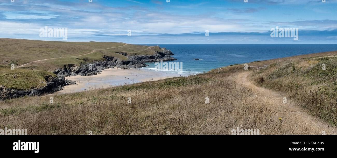 A panoramic image of a rough footpath through a field overlooking Polly Porth Joke on West Pentire on the coast at Newquay in Cornwall in the UK. Stock Photo